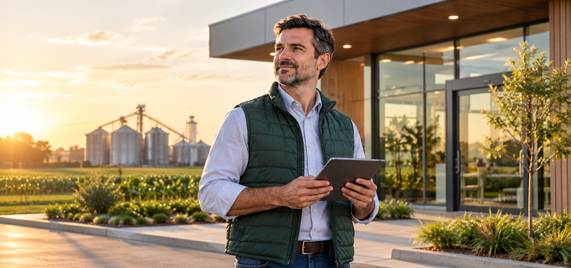Consultor Agronavis com tablet em frente a escritório e silos